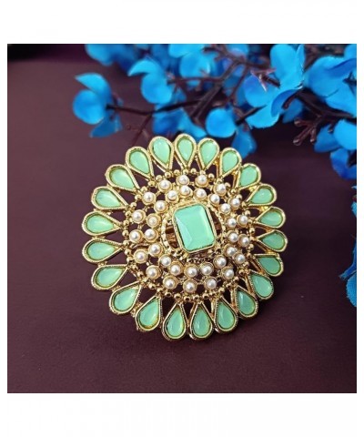 Indian Jewelry Antique Round Faux Pearl Beads Crystal Kundan Bollywood Adjustable Big Finger Ring for Women Light Green $10.9...