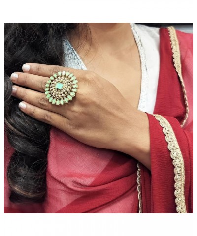 Indian Jewelry Antique Round Faux Pearl Beads Crystal Kundan Bollywood Adjustable Big Finger Ring for Women Light Green $10.9...