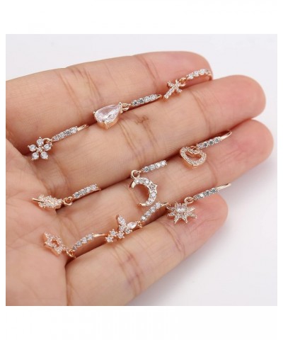 9Pcs 20G Dangle Nose Rings Hoops for Women Men Flower Butterfly Cross Heart Moon Star Cubic Zirconia Cartilage Earring Cute D...