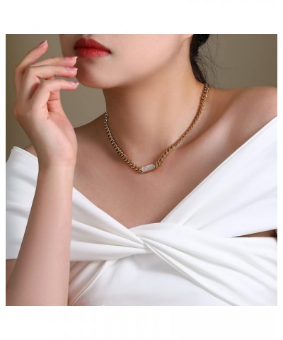 Womens 18K Real Gold Plated Necklace Choker with Mother-of-pearl Shell/H Letter, 6mm 316L Stainless Steel Diamond-Cut Curb Cu...