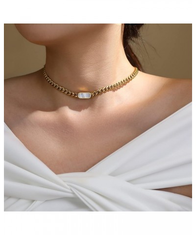 Womens 18K Real Gold Plated Necklace Choker with Mother-of-pearl Shell/H Letter, 6mm 316L Stainless Steel Diamond-Cut Curb Cu...