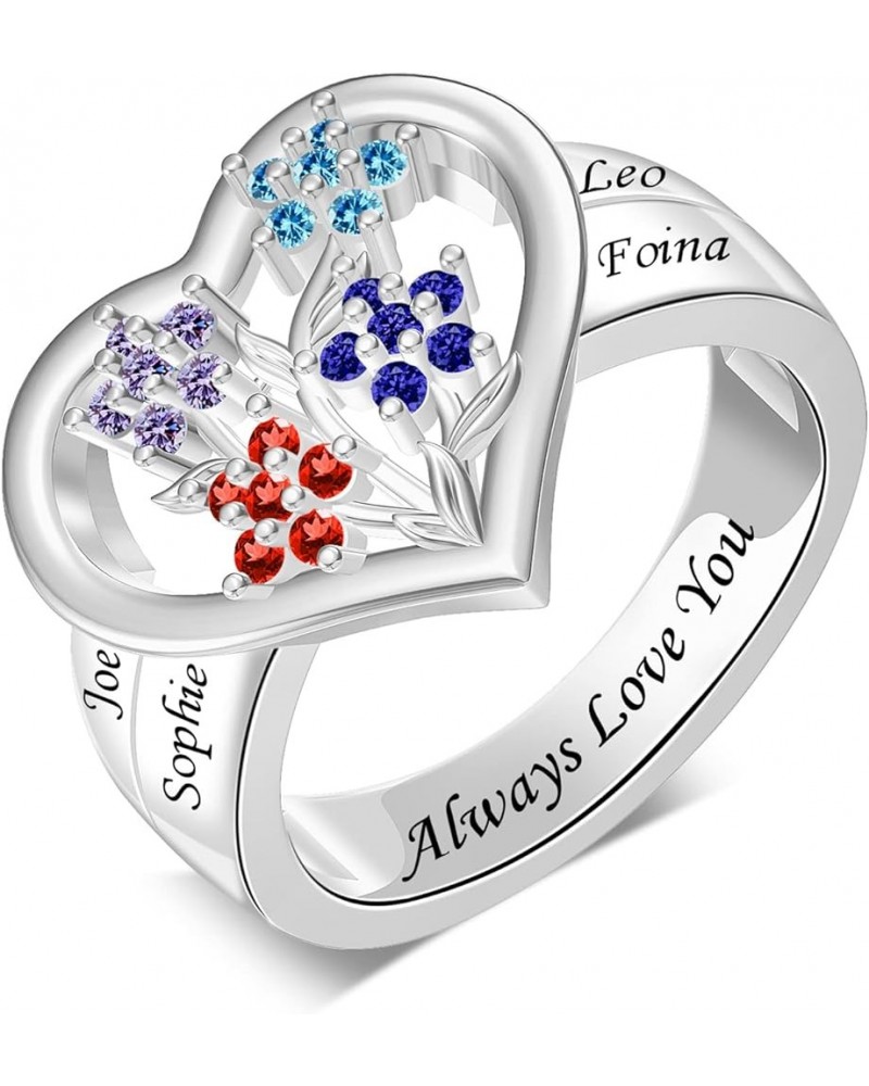 Personalized Birthstone Flower Ring for Mom Heart Mothers Ring with 1-6 Names 925 Sterling Silver Family Ring Mother Daughter...