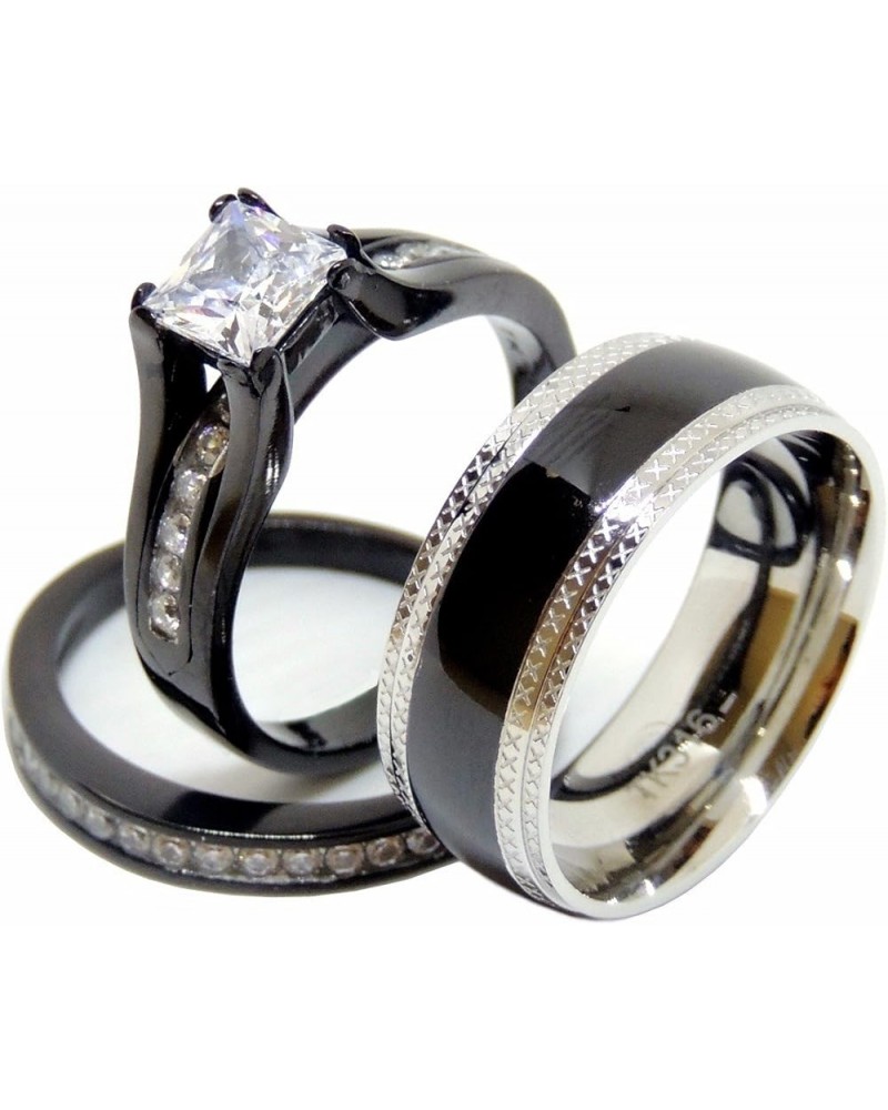 His & Hers 3 PCS Black IP Stainless Steel Princess Cut CZ Engagement Ring Set Mens Matching Band Size Women's 10 Men's 13 $18...