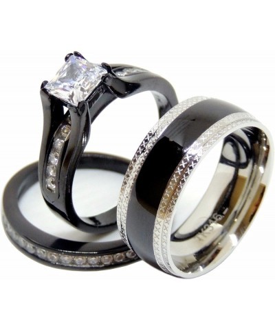 His & Hers 3 PCS Black IP Stainless Steel Princess Cut CZ Engagement Ring Set Mens Matching Band Size Women's 10 Men's 13 $18...