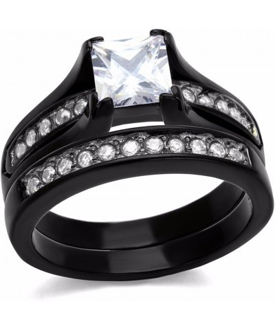 His & Hers 3 PCS Black IP Stainless Steel Princess Cut CZ Engagement Ring Set Mens Matching Band Size Women's 10 Men's 13 $18...