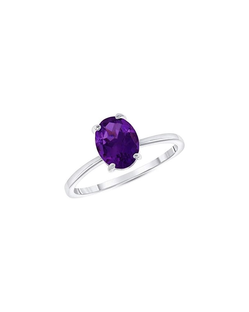 Fine Sterling Silver Oval-Shape Solitaire Genuine Birthstone Ring Amethyst $18.55 Rings