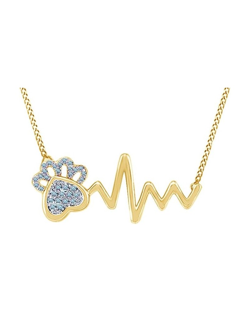 Round Cut Cubic Zirconia Paw & Heartbeat Pendant Necklace in 14K White Gold Over Sterling Silver Simulated Aquamarine yellow-...