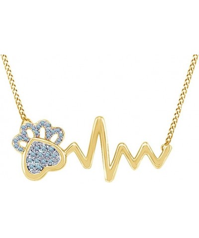 Round Cut Cubic Zirconia Paw & Heartbeat Pendant Necklace in 14K White Gold Over Sterling Silver Simulated Aquamarine yellow-...