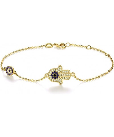 14K Gold Over 925 Silver Women's Hamsa Hand Bracelet with Moissanite and Round Sapphire, Adjustable Hand of Fatima Charm, Ide...