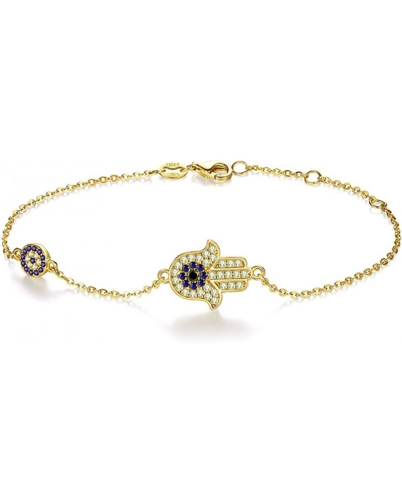 14K Gold Over 925 Silver Women's Hamsa Hand Bracelet with Moissanite and Round Sapphire, Adjustable Hand of Fatima Charm, Ide...