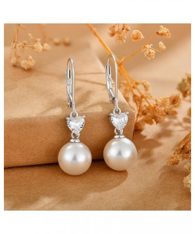 Pearl Earrings for Women 925 Sterling Silver 5A Cubic Zirconia Heart Birthstone Dangle Drop Leveback Earrings Jewelry Valenti...