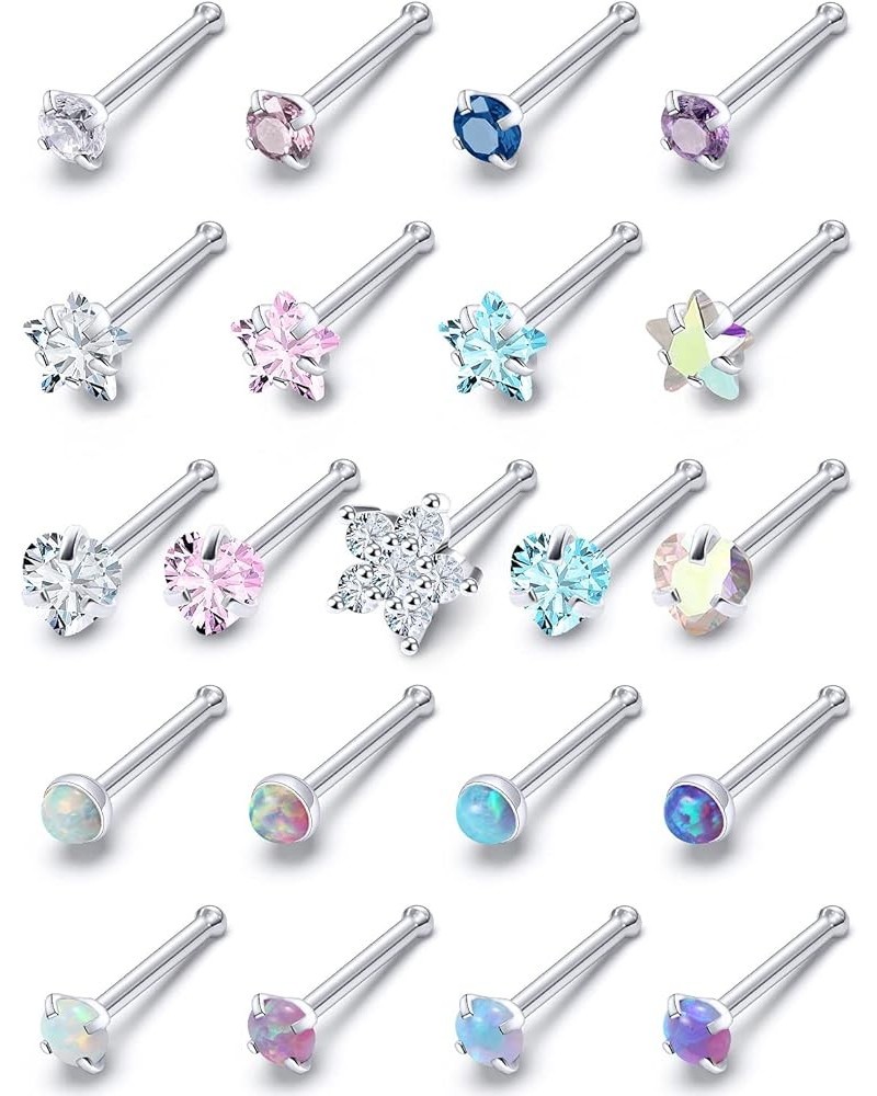 20G Nose Rings Studs For Women Men Surgical Steel Hypoallergenic Indian Nose Ring Cute Cz Diamond Small Silver Heart Star Opa...