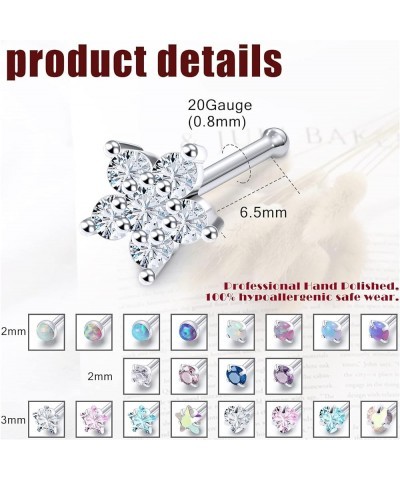 20G Nose Rings Studs For Women Men Surgical Steel Hypoallergenic Indian Nose Ring Cute Cz Diamond Small Silver Heart Star Opa...