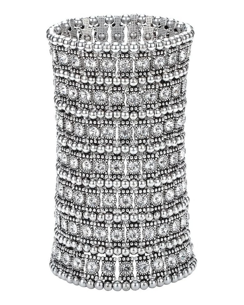 Womens Ballroom Rhinestone Stretch Cuff Bracelets Fit Wrist Circumference From 6.5" to 7.8" - Lead & Nickle Free Silver Clear...