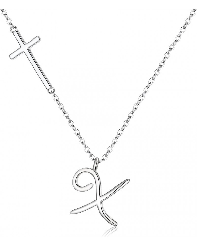 925 Sterling Silver Cross Side Pendant Necklace Initial Letter Alphabet Jesus Crucifix Christian Jewelry Gifts for Mom Girls ...