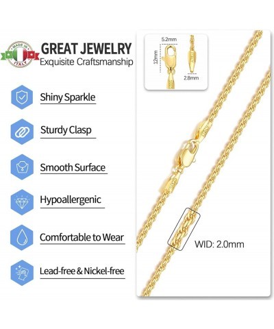 2MM Italian Luxury Solid 18k Gold Over 925 Sterling Silver Chain Necklace for Women Men Girls, Diamond Cut Rope Chain Sturdy ...