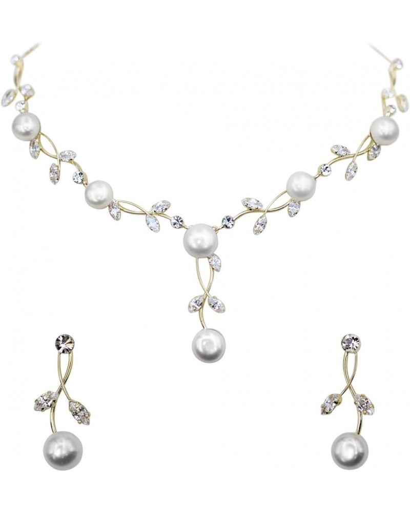 Gorgeous CZ Crystal Genuine Freshwater pearls Floral Necklace Earrings Set Clear/Gold-plated $18.58 Jewelry Sets