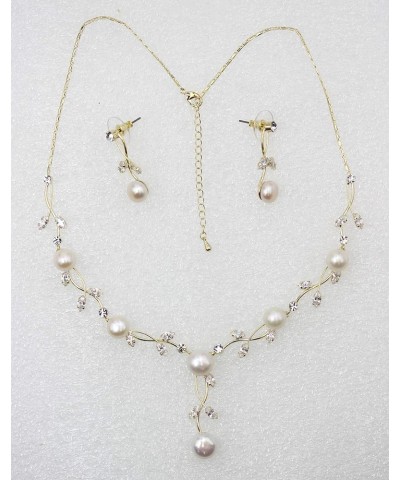 Gorgeous CZ Crystal Genuine Freshwater pearls Floral Necklace Earrings Set Clear/Gold-plated $18.58 Jewelry Sets