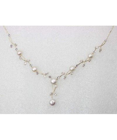 Gorgeous CZ Crystal Genuine Freshwater pearls Floral Necklace Earrings Set Clear/Gold-plated $18.58 Jewelry Sets