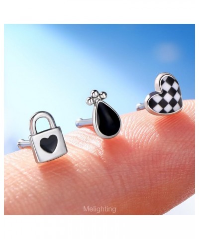 MeIighting 3PCS Heart Nose Rings 20G Lock Nose Studs Surgical Steel 316L Teardrop Balck Nose Piercing Jewelry L Shaped for Wo...