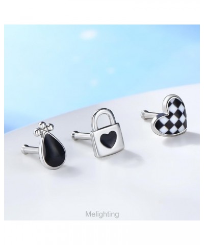 MeIighting 3PCS Heart Nose Rings 20G Lock Nose Studs Surgical Steel 316L Teardrop Balck Nose Piercing Jewelry L Shaped for Wo...