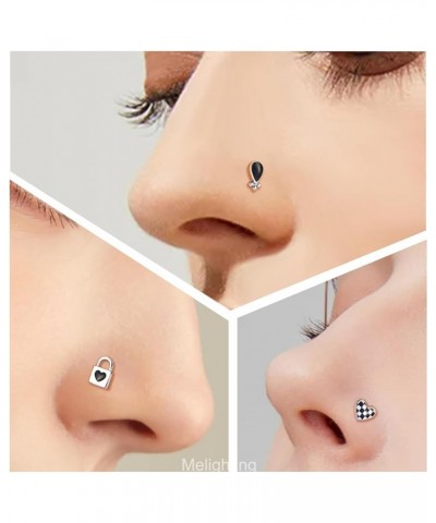 MeIighting 3PCS Heart Nose Rings 20G Lock Nose Studs Surgical Steel 316L Teardrop Balck Nose Piercing Jewelry L Shaped for Wo...