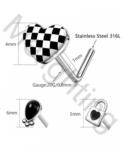 MeIighting 3PCS Heart Nose Rings 20G Lock Nose Studs Surgical Steel 316L Teardrop Balck Nose Piercing Jewelry L Shaped for Wo...