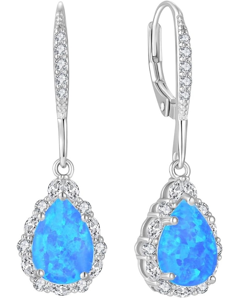 Created Opal Earrings 925 Sterling Silver Leverback Drop Dangle Earrings with 5A Cubic Zirconia Jewelry Gift for Women B blue...