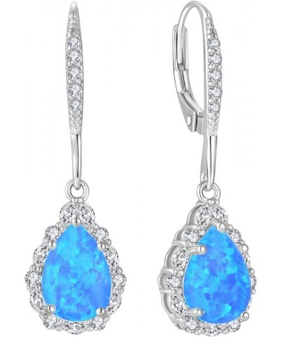 Created Opal Earrings 925 Sterling Silver Leverback Drop Dangle Earrings with 5A Cubic Zirconia Jewelry Gift for Women B blue...