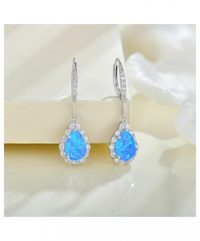 Created Opal Earrings 925 Sterling Silver Leverback Drop Dangle Earrings with 5A Cubic Zirconia Jewelry Gift for Women B blue...