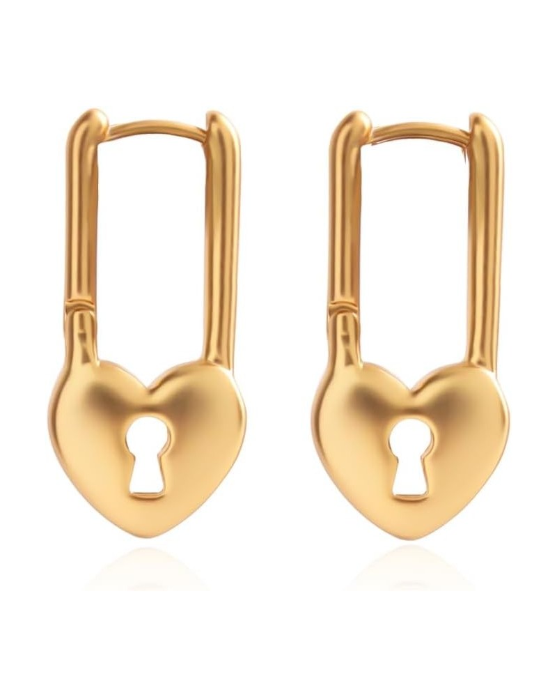 Gold Heart Stud Earrings Chunky Thin Lines Safety Pin Heart Earrings for Women Girls Safety Pin $10.07 Earrings