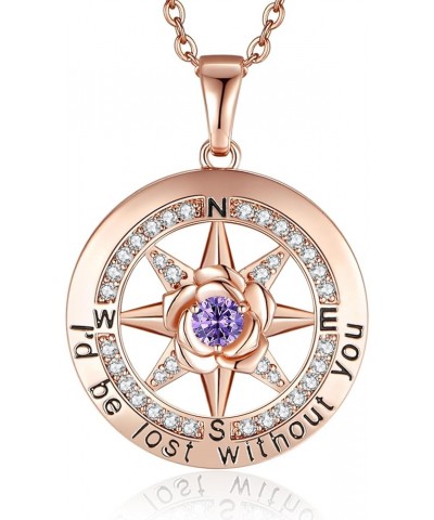 925 Sterling Silver Compass Rose Necklace with 18k Rose Gold Filled, 5A Cubic Zirconia Birthstone, 'I'd Be Lost Without You' ...