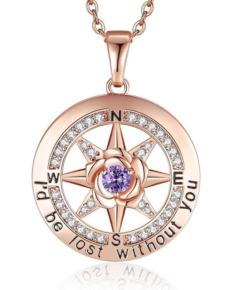 925 Sterling Silver Compass Rose Necklace with 18k Rose Gold Filled, 5A Cubic Zirconia Birthstone, 'I'd Be Lost Without You' ...