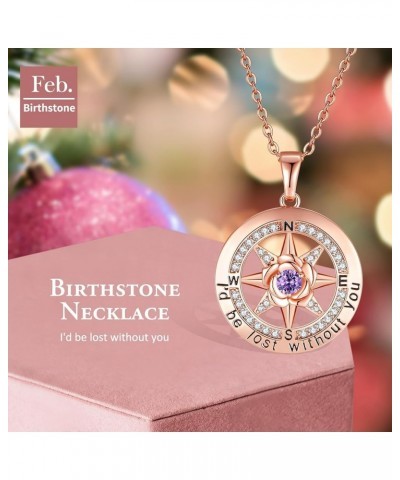 925 Sterling Silver Compass Rose Necklace with 18k Rose Gold Filled, 5A Cubic Zirconia Birthstone, 'I'd Be Lost Without You' ...