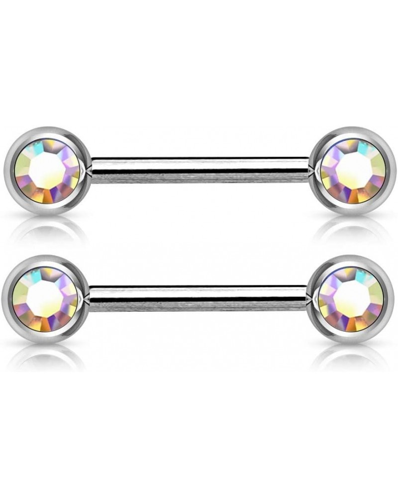 14GA 316L Stainless Steel Double Gemmed Front Facing Nipple Barbells, Sold as a Pair Aurora Borealis $8.69 Body Jewelry