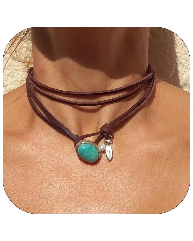 Boho Necklace Brown Leather Choker Necklaces Layered Turquoise Circular Tablet Choker Necklaces Jewelry for Women Girls Turqu...