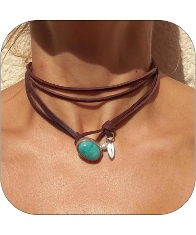 Boho Necklace Brown Leather Choker Necklaces Layered Turquoise Circular Tablet Choker Necklaces Jewelry for Women Girls Turqu...