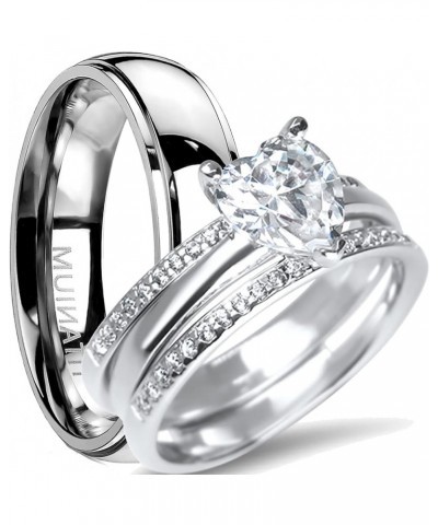 His Hers TRIO 3 PCS Sterling Silver Titanium Wedding Ring Set Heart CZ Simulated Diamond for Him Her Her 6 - His 11 $42.75 Sets