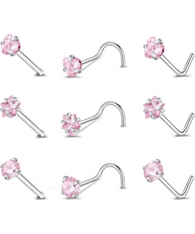 9-12PCS 20g Surgical Stainless Steel Nose Stud Ring Piercing Nose Bone/L Shaped/Nose Screws Rings Set A:9pcs Mixed style(Pink...