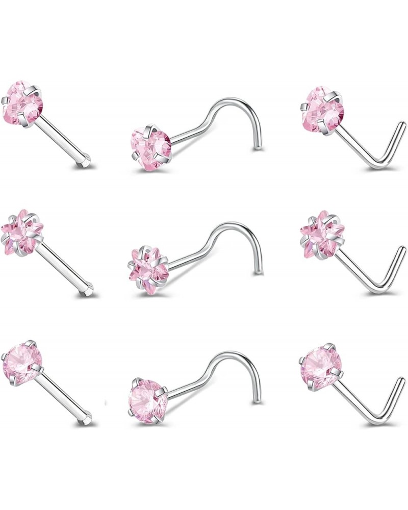 9-12PCS 20g Surgical Stainless Steel Nose Stud Ring Piercing Nose Bone/L Shaped/Nose Screws Rings Set A:9pcs Mixed style(Pink...