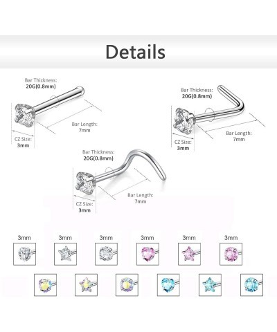 9-12PCS 20g Surgical Stainless Steel Nose Stud Ring Piercing Nose Bone/L Shaped/Nose Screws Rings Set A:9pcs Mixed style(Pink...