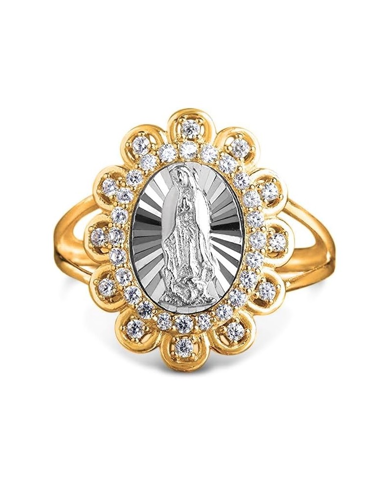 18K Yellow & White Gold Plated Oval Lady of Guadalupe Virgin Mary with Round Cut Cubic Zirconia Women's Girl's Religious Flor...