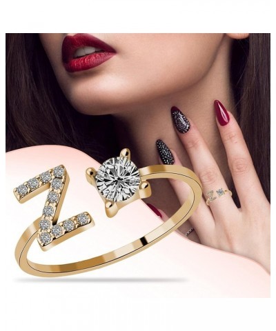 26 Letters Gold Rings for Women - Synthetic Diamond Studded Zirconia Open Adjustable Rings Ladies Jewelry Accessory Gifts Gol...