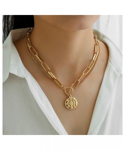 Gold Chunky Thick Link Chain Necklace Compass Coin Pendant Toggle Necklace Charm Minimalist Jewelry for Women Men Teen Girls ...