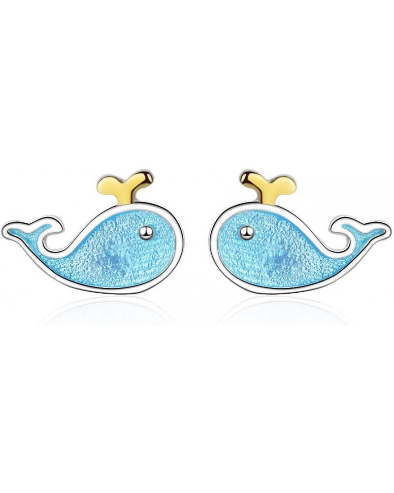 Tiny Blue Enameled Whale Stud Earrings Cute Sea Animal Life Ear Studs for Women Girls $6.48 Earrings