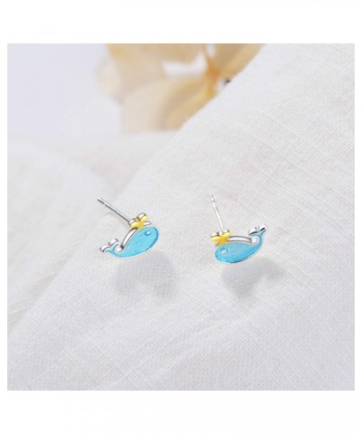 Tiny Blue Enameled Whale Stud Earrings Cute Sea Animal Life Ear Studs for Women Girls $6.48 Earrings