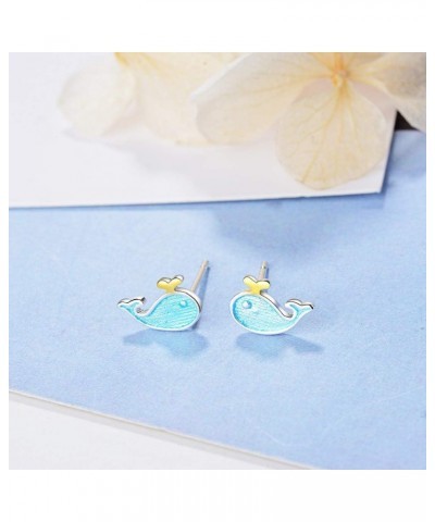 Tiny Blue Enameled Whale Stud Earrings Cute Sea Animal Life Ear Studs for Women Girls $6.48 Earrings