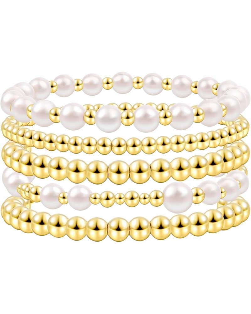 Gold Beaded Bracelets For Women White Black Beads Bracelets Gold Filled Bead Ball Stretch Elastic Stackable Layered Sets Tren...