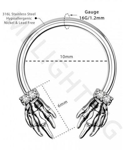 Skeleton Hand Septum Rings 16G Black Daith Earrings Halloween Septum Jewelry Clear CZ Surgical Steel 316L Helix Earring Carti...