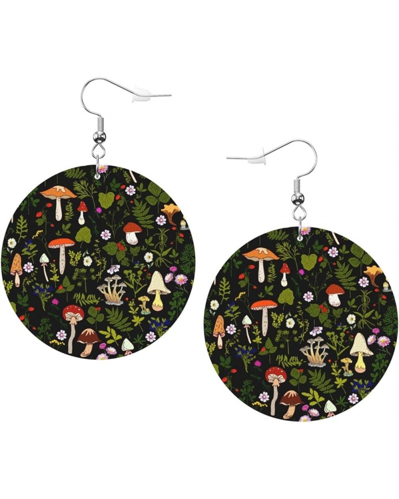 Faux Leather Earrings Flower Skull Pu Round Dangle Earrings For Women Mushrooms Fungi Nature $7.27 Earrings